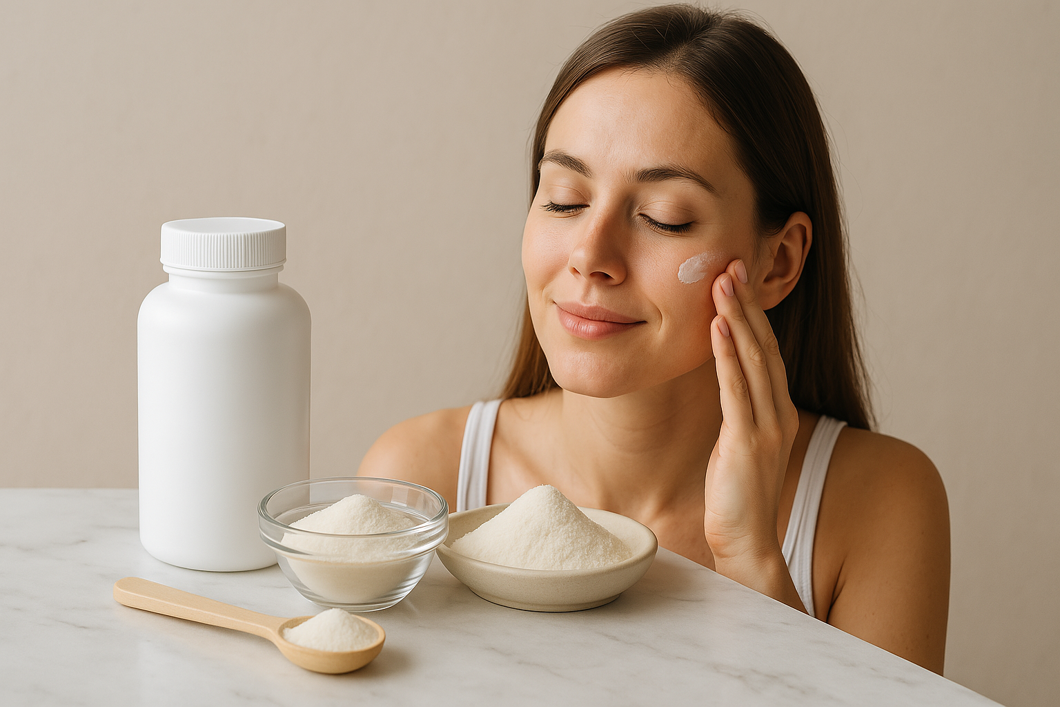 Mujer aplicando crema en su rostro junto aun bote de colágeno, simbolizando salud de piel y articulaciones.