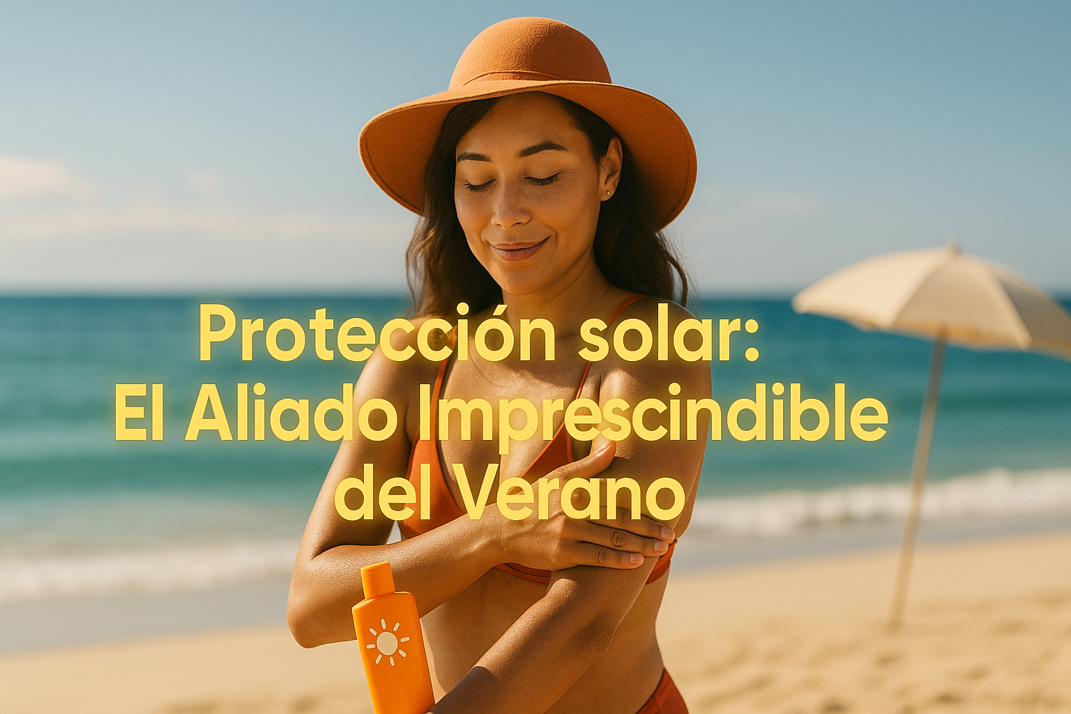 mujer untandose crema solar en la playa para protegerse del sol.